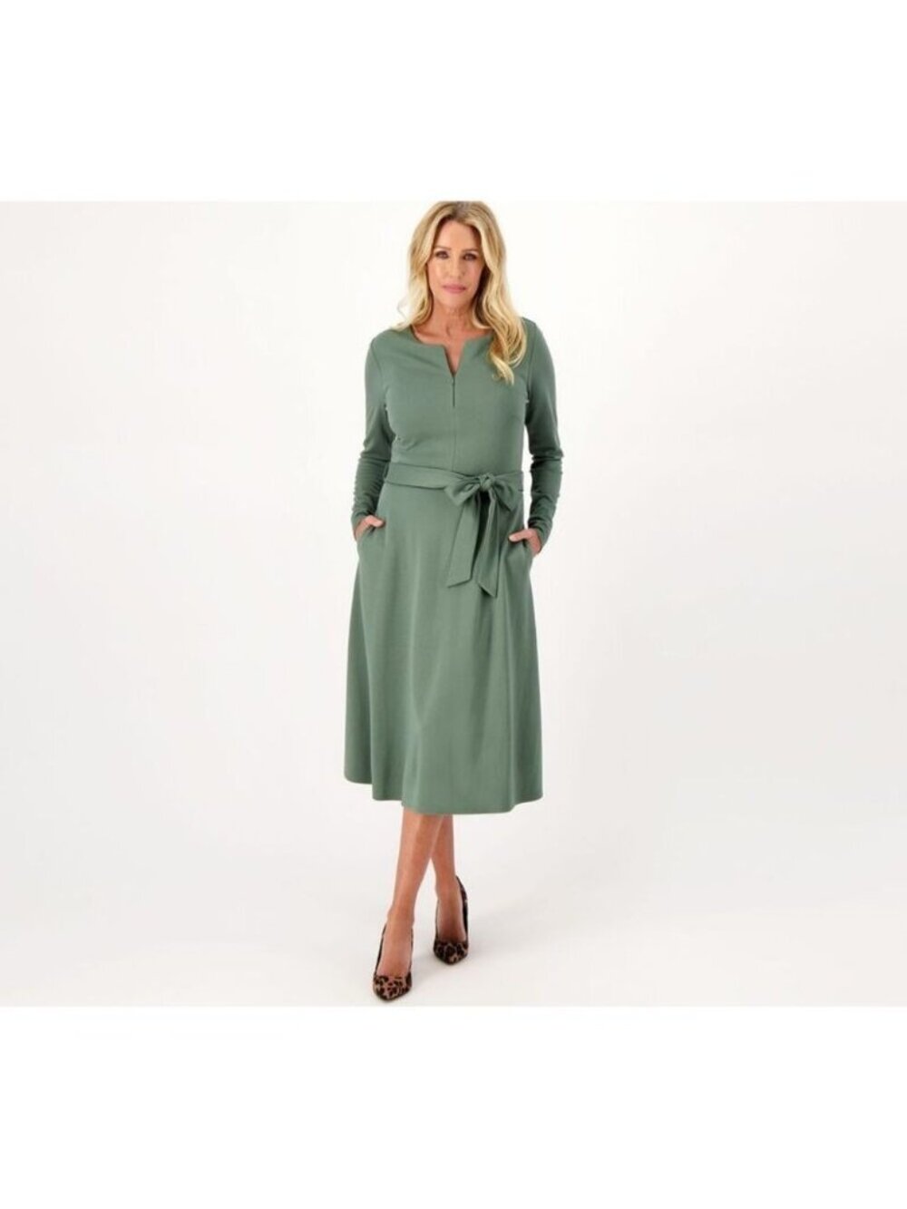 Girl With Curves Dress sz 5X Plus Zip Front Ponte Midi Dress Olive Green A523860